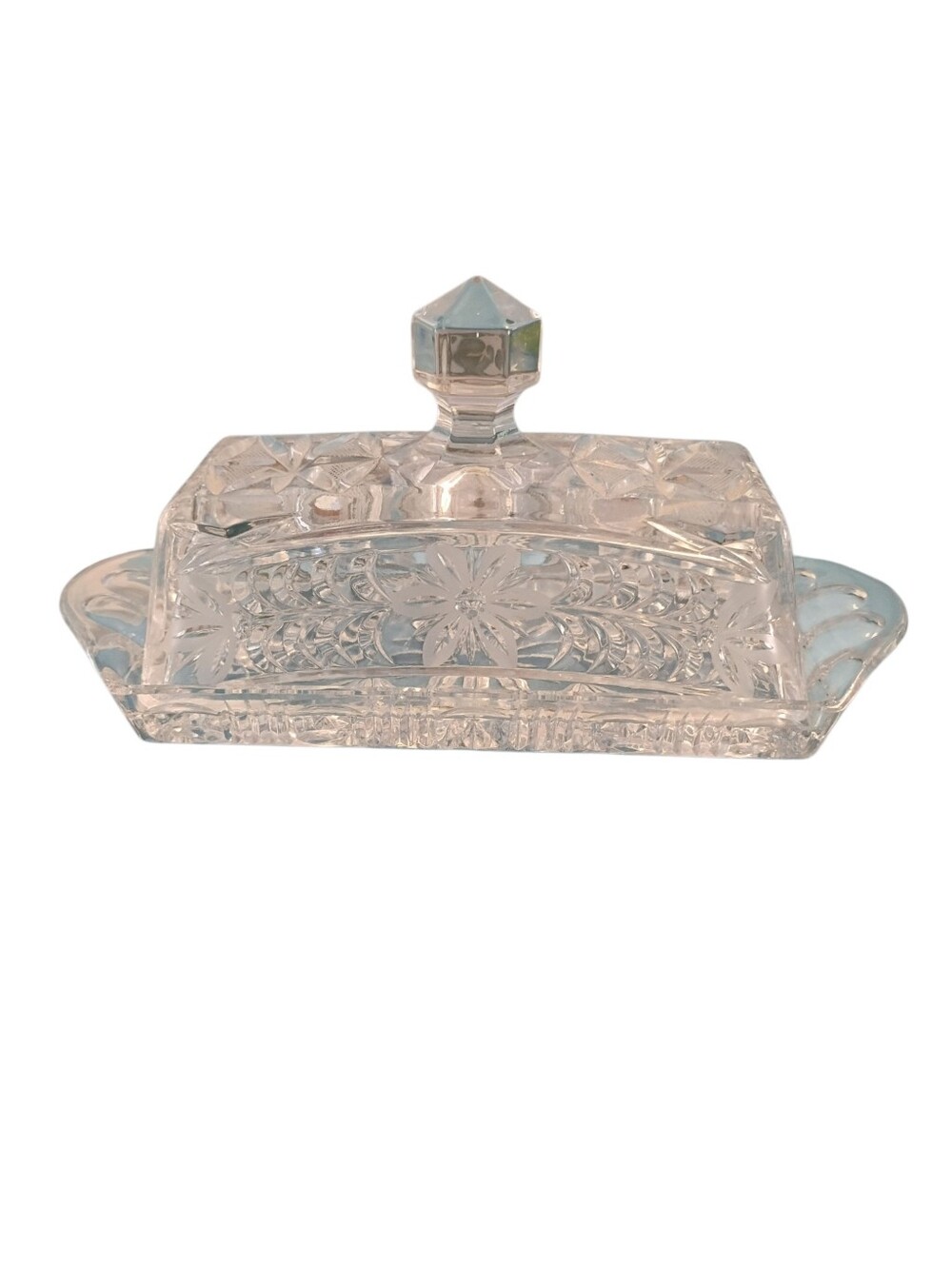 Vintage Clear Pressed Glass Covered Butter Dish w/ Lid, Floral Pattern 7x3x4"